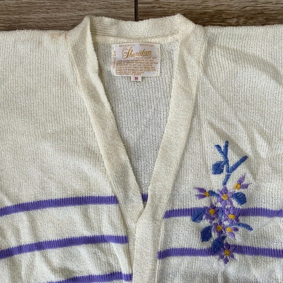 Vintage Cardigan Sweater Tie Belt Stripe Embroidered Flower Medium - Picture 6 of 9